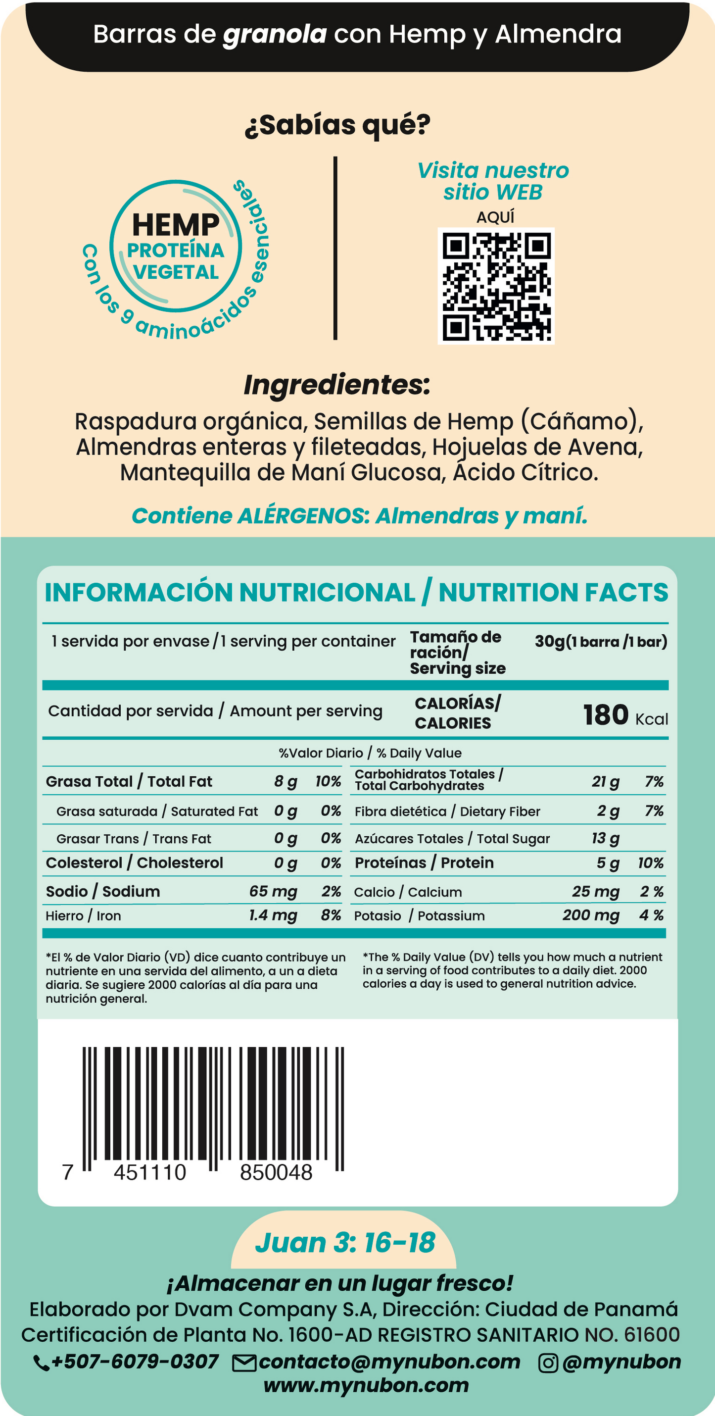 Barra de Hemp  Almendra y mantequilla de Maní Caja 12 Unds