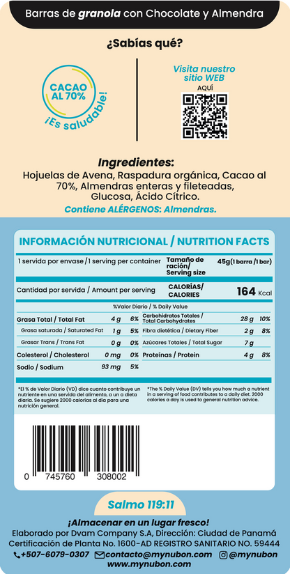 Barra de Granola y Chocolate al 70% Caja 12 Unds